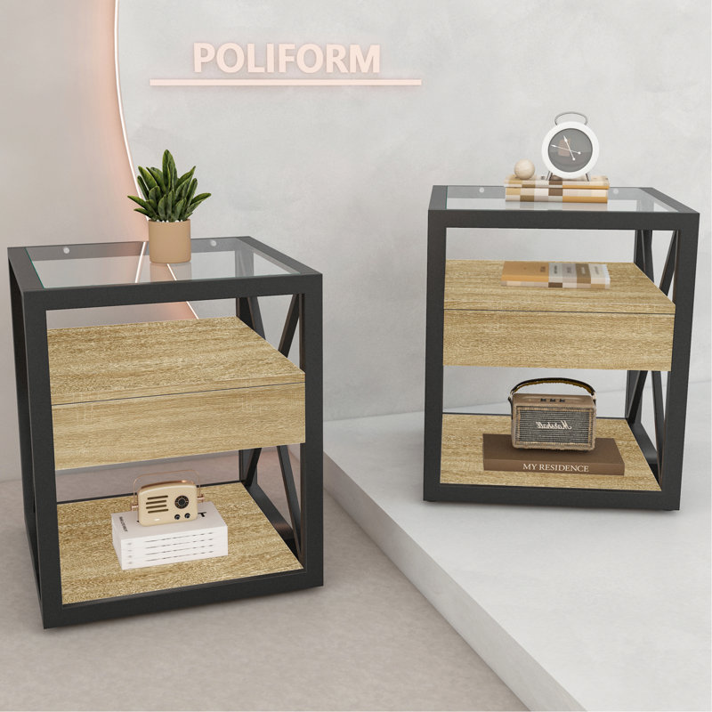 Ensemble de 2 tables de chevet avec tiroir, plateau en verre trempé pour la vie moderne et rangement dans la chambre à coucher