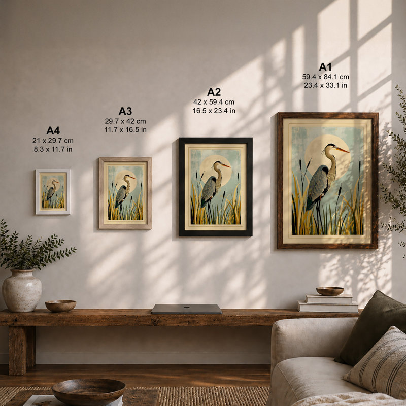 Heron in Marsh Coastal - Framed Print, Walnut, A4 - 29.7 x 21.0 cm