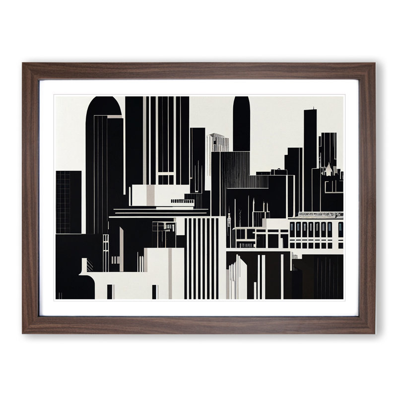 Art Deco City Skyline - Single Picture Frame Print, 46cm H x 64cm W, Walnut