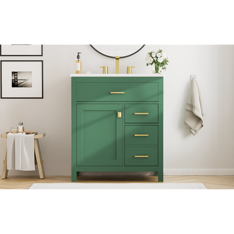 Élégant ensemble de meuble-lavabo en bois massif vert avec beaucoup de rangement pour les petits espaces