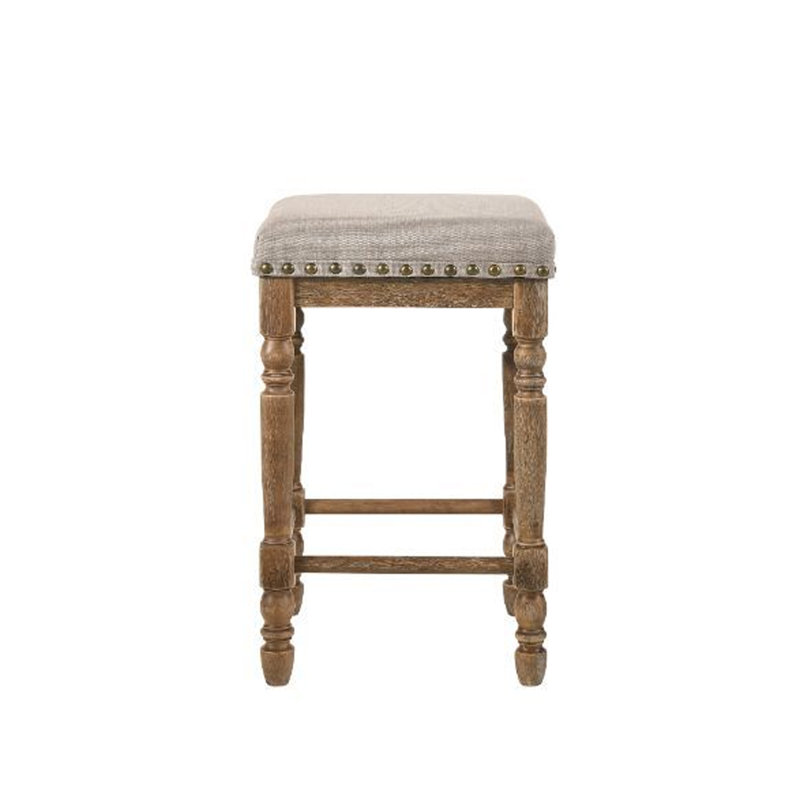Weathered Oak Backless Counter Height Stool with Beige Upholstered Seat