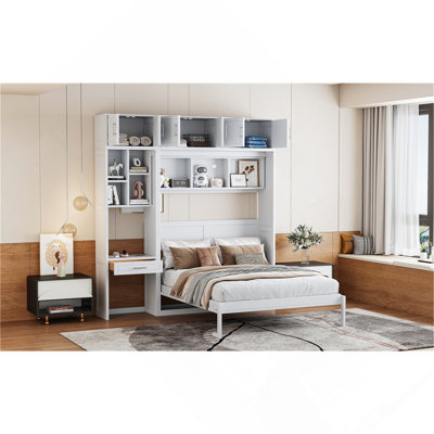 Grand lit escamotable mural avec bureau, armoire supérieure et tablettes de rangement, lit pliant peu encombrant