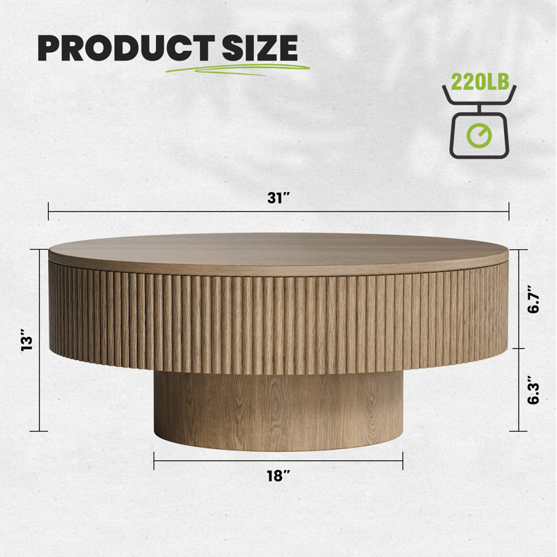 Talyth 35" W Circular Solid Wood Coffee Table with Gloss Finish, 13" H x 31" W x 31" D, Brown
