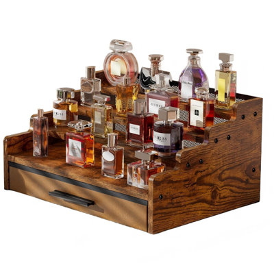 4 Tier Cologne Organizer For Men, Wooden Perfume Organizer With Drawer Storage,Rustic Brown