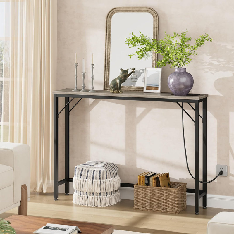 Geron 39.3" Console Table with Power Outlets, Compact Sofa Table with Storage, Grey