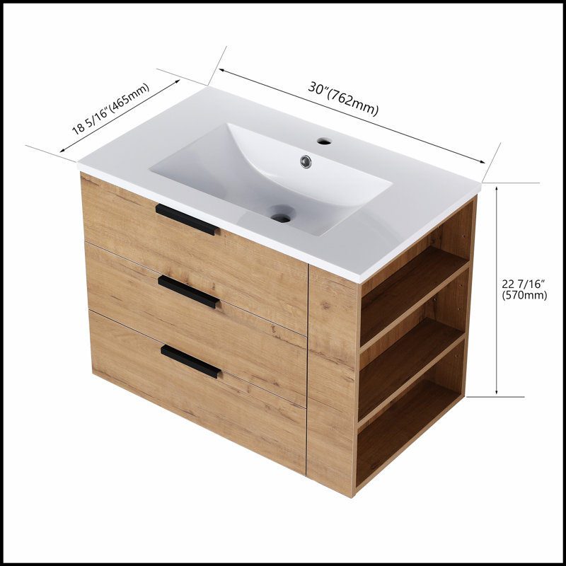 Meuble-lavabo mural de 30 po avec lavabo, tiroir à fermeture en douceur et tablette latérale pour les maisons modernes