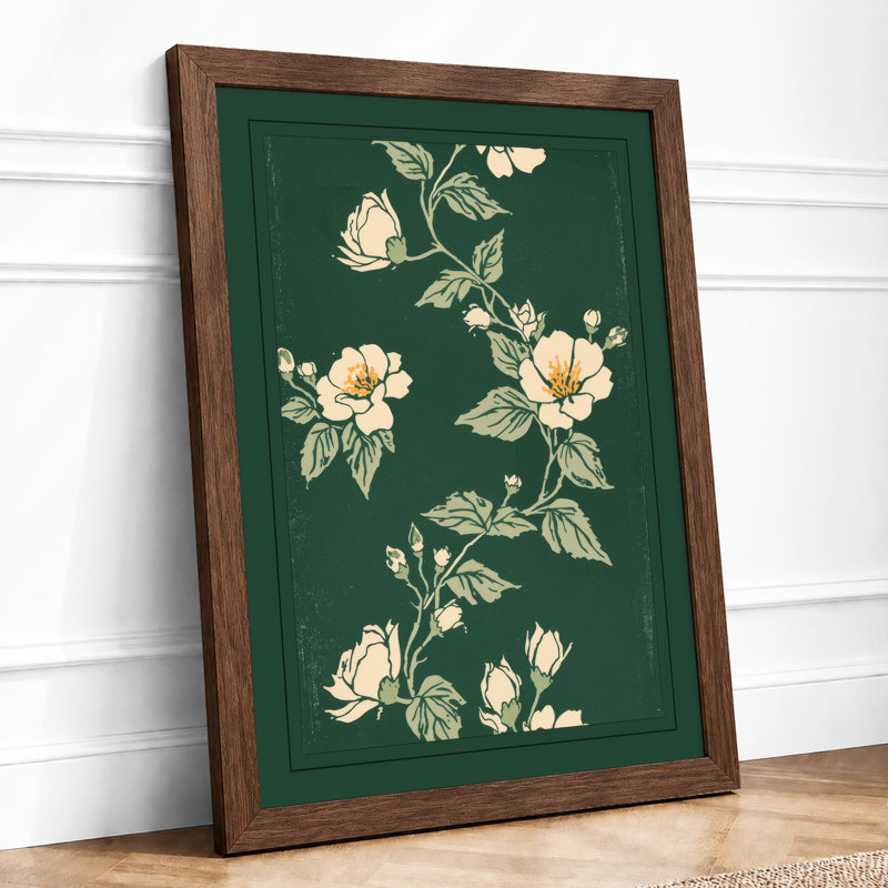 Pale Blooms On Green Botanical - Print, Walnut, A1 - 84.1 x 59.4 cm