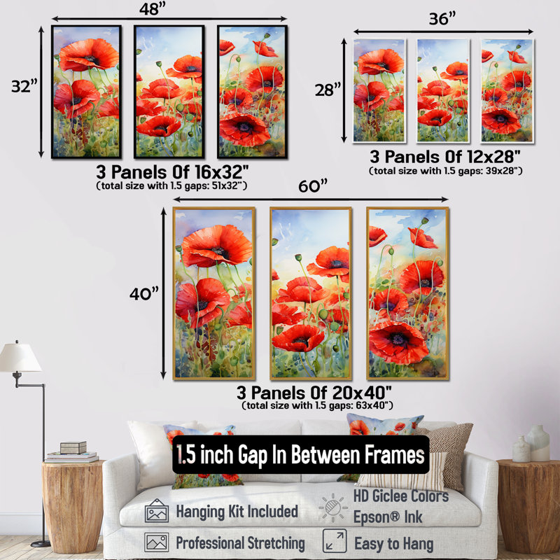 Radiant Red Poppies Pulse I - ensemble d'art mural sur toile coquelicots, Cadre flottant blanc, H 40 po x l 60 po x P 1 po