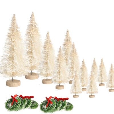 12 mini sapins de Noël artificiels avec 8 petites guirlandes de Noël, arbres à brosse en bois