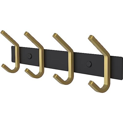 Porte-manteau mural – Barre à crochets noire et dorée avec 4 crochets doubles, crochets muraux en acier inoxydable de 30 cm pour entrée, salle de bain, chambre, garde-robe, serviettes, chapeaux, sacs, organisateur robuste