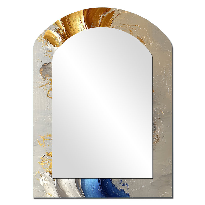 «Rhythmic Golden Ink Waves Fusion III - Maze», grand miroir mural asymétrique, 34 po x 25 po