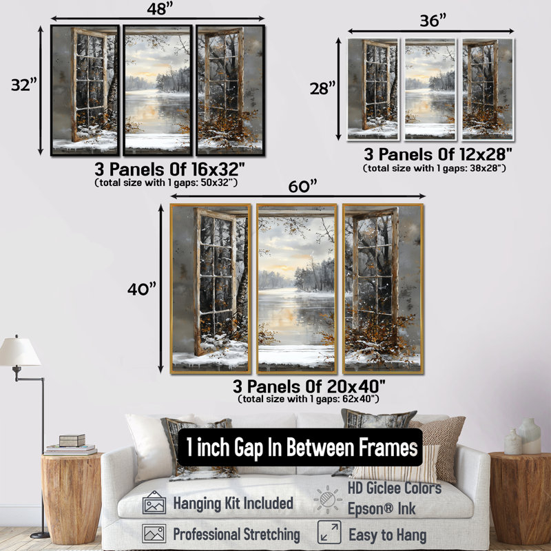 Frosty Dawn Winter Windows Scenery II - Ensemble de décorations murales paysage d'hiver, Toile naturelle avec cadre flottant