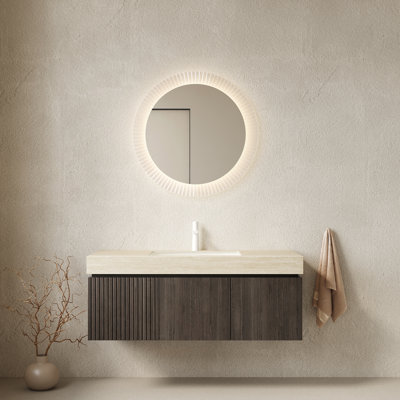 Meuble-lavabo 48 po avec lavabo, armoire de rangement en contreplaqué flottant, plateau en pierre frittée Roma Travertine, lavabo en céramique, pré-assemblé, finition grain de bois espresso