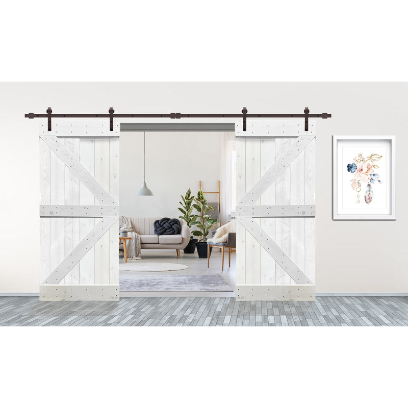 Porte de grange en panneaux de bois et métal teintés double pré-assemblé avec ensemble de quincaillerie d’installation, Blanc