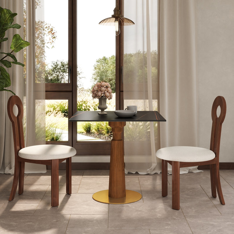 Ensemble 3 pièces de table de salle à manger moderne en pierre frittée carrée avec 2 chaises en tissu Boucle, Noir