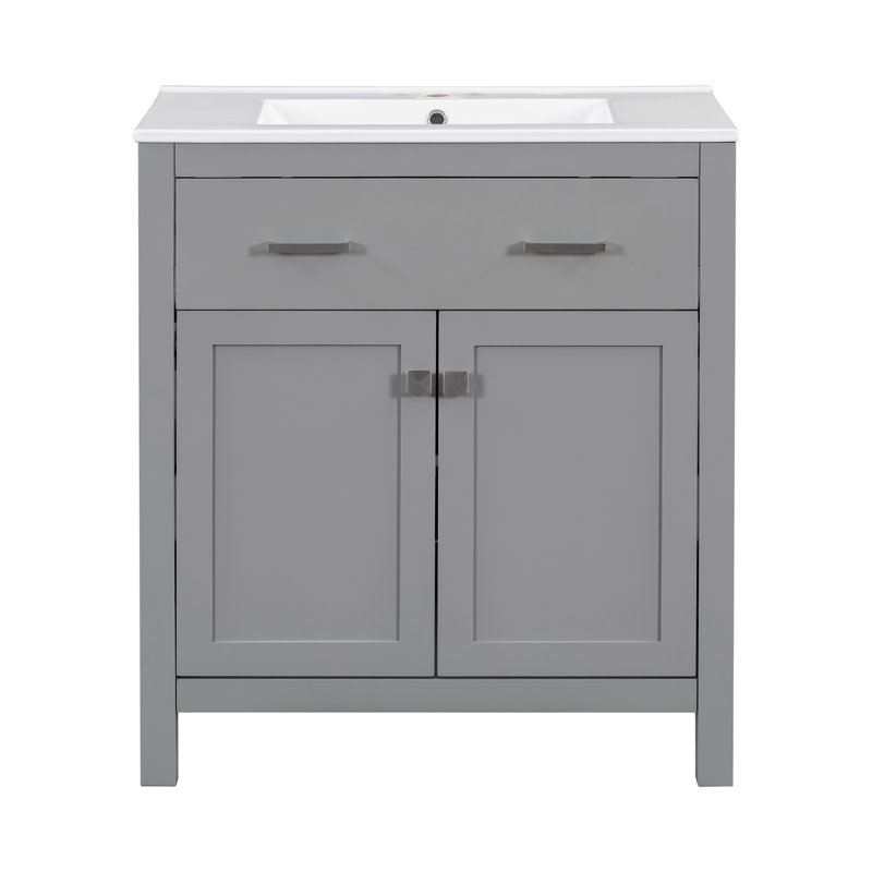 Armoire de salle de bain 60 po en gris avec lavabos doubles en céramique, portes à fermeture douce et tablette en U - meuble-lavabo pratique gris moderne, tablette réglable, fixation à tiroir rabattable