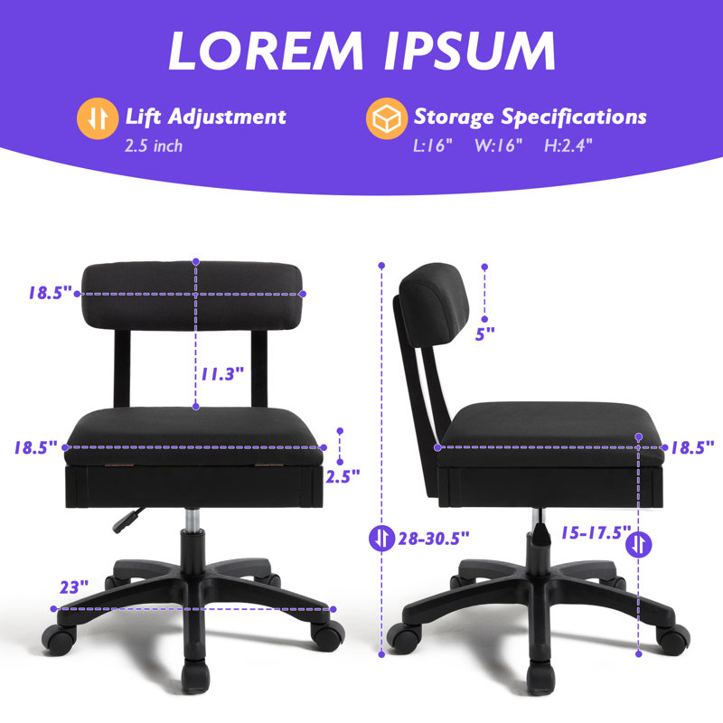 Sewing Chair Crafting Rolling Chair with Wheels & Back Support and Under Seat Storage Adjustable height Hydraulic Sewing Machine Chair Black