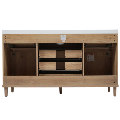 Meuble-lavabo 60 po avec lavabo SMC, armoire moderne avec tiroirs à fermeture en douceur et portes en rotin, 5 pieds en pin et boutons argentés
