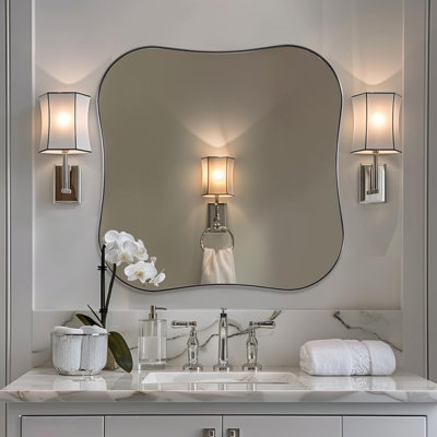 Modern Dual Concave Scalloped Rectangle Bathroom Vanity Mirror | Stainless Steel Frame