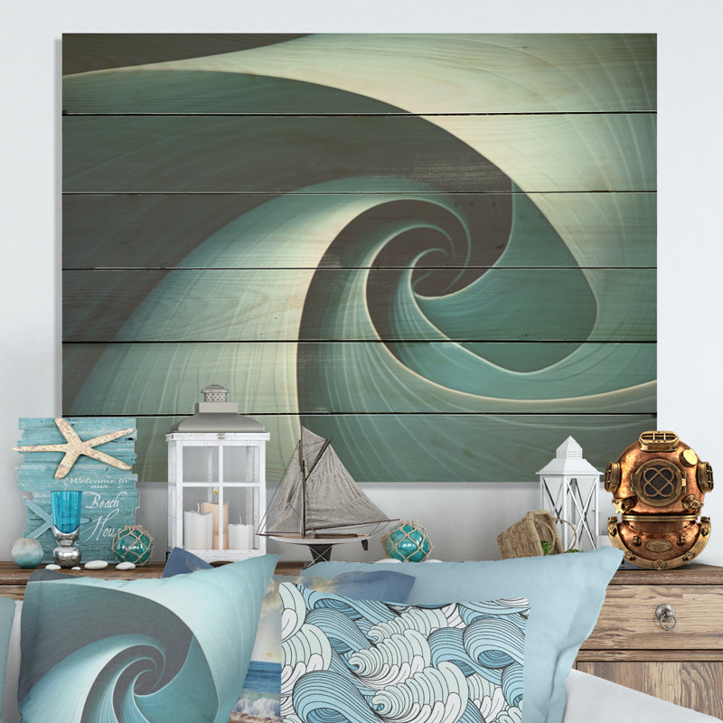 Turquoise Twirl Shell Fish Spiral I - Nautilus Wood Art On Natural Pine Wood, 10" H x 20" W