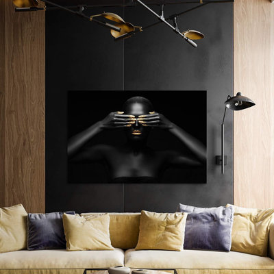 African American Canvas Wall Art,Black and Gold Abstract Beauty Women Portrait Picture Prints Wall Decor, Modern Art Deco for Home Decoration