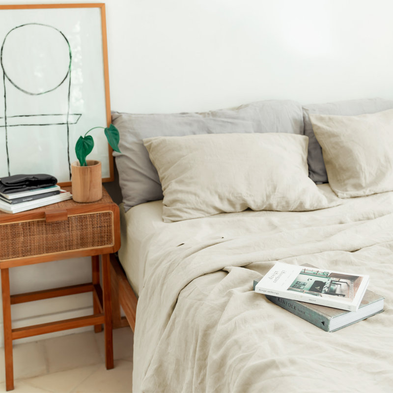 Queen Oatmeal Cotton Solid Sheet Set with Pillowcases