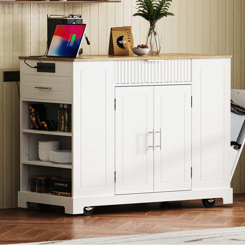 Fluted Kitchen Island with Trash Can Storage Cabinet, Power Outlet, Internal Storage Rack, Rolling Kitchen Islands on 5 Wheels with 3 Drawer, 3 Open Side Racks for 10 Gallon Garbage Bin, White