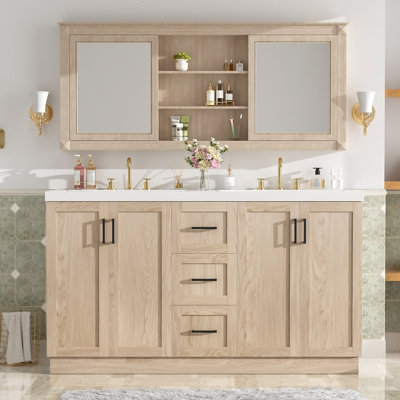Meuble-lavabo double 59 po avec lavabo SMC 59 po, 4 portes, 3 tiroirs, armoire en panneau de fibres à densité moyenne, tablettes réglables