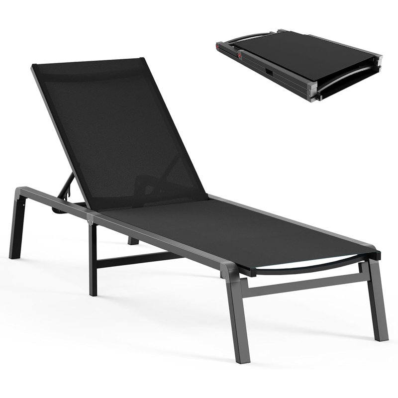 Outdoor Aluminum Lounge Chair - Foldable, Assembly-Free, with 5 Adjustable Backrests, Black