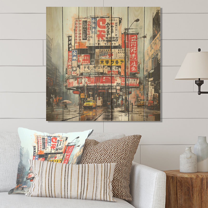 Pop Art, paysage urbain de Pékin, collage II - Pékin sur bois, H 25 po x l 25 po