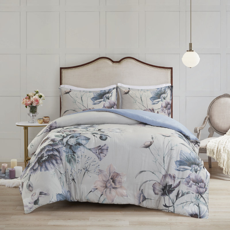 Maddy Blue Floral Cotton King/Cal King Duvet Cover Set