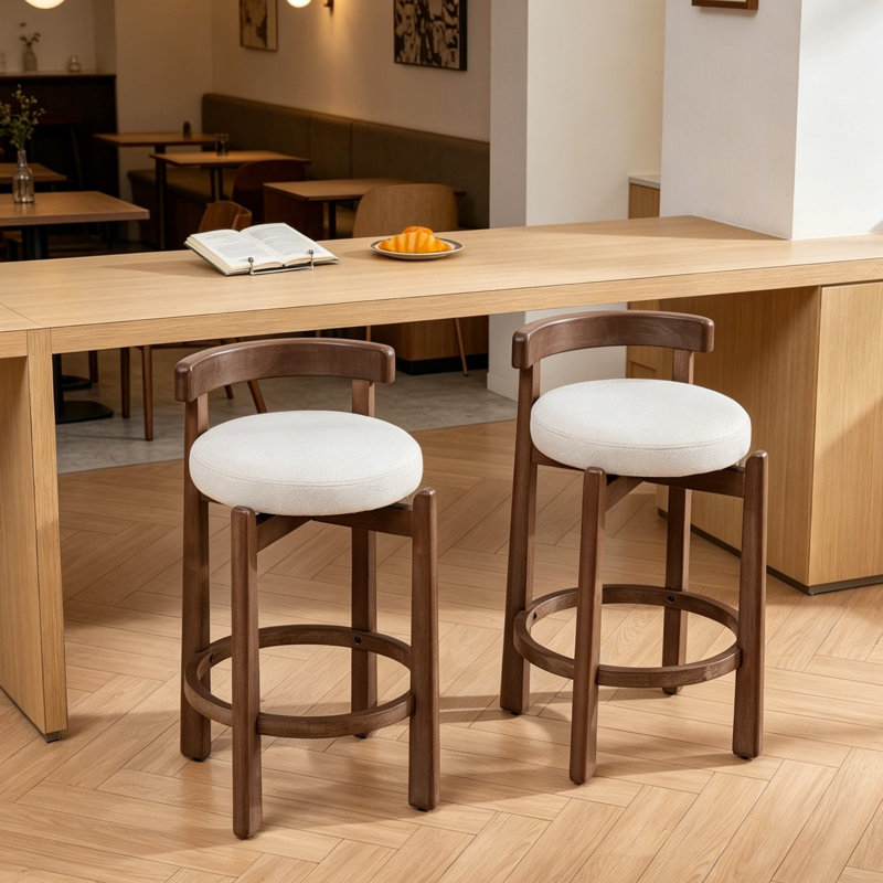 Tabourets pivotants avec repose-pieds en bois massif et lin de 26 po Cicero, 4, Beige