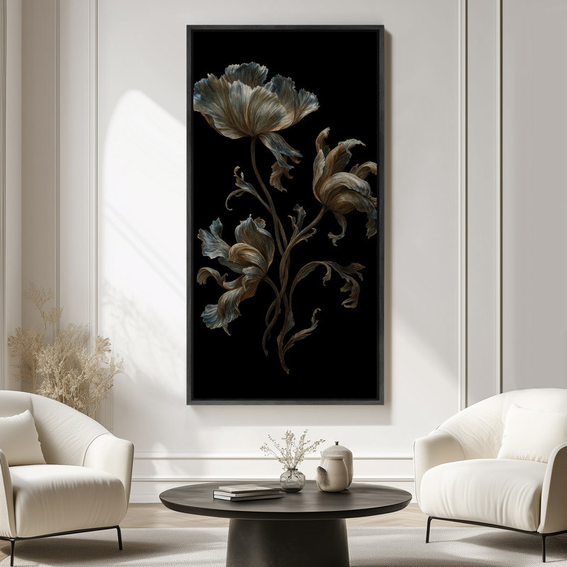 Fleurs encadrées, art botanique sur toile pour décoration murale moderne, Noir, H 60 po x l 30 po