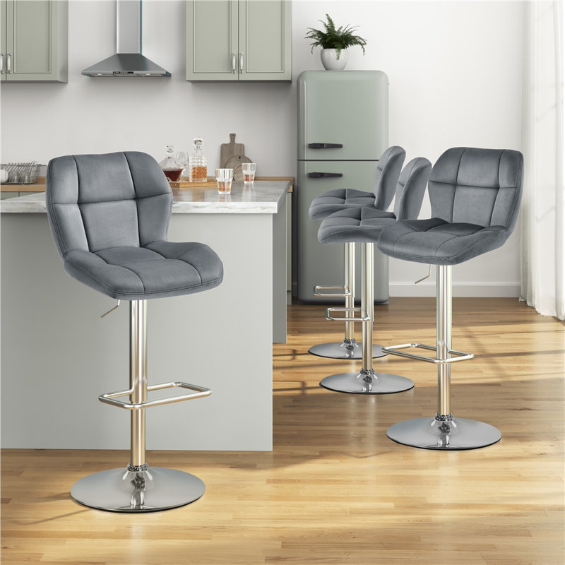 Modern Velvet Adjustable Height Counter Swivel  Stool Bar Chair with Footrest , Dark Gray