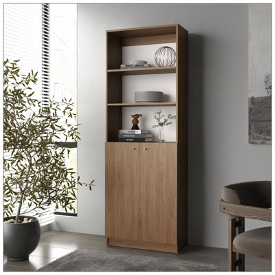 Beyerville Bookcase With Open Storage And 2 Doors, Natural Oak And White