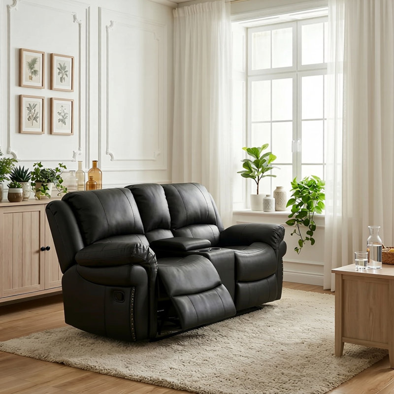  Causeuse inclinable manuelle en similicuir de 73,2 po avec console centrale et porte-gobelets 73,2 po, Noir