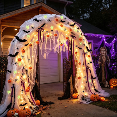 Arche d'Halloween en métal robuste avec toile d'araignée extra épaisse et 40 fausses araignées, grande décoration extérieure pour jardin, terrasse, porche, fête, maison hantée
