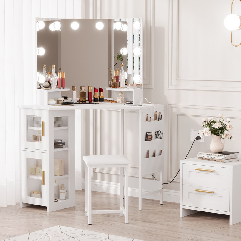 Corner Makeup Vanity Desk with Stool & Mirror, Large Dressing Table with Storage, Makeup Vanity Table Set for Bedroom Small Space