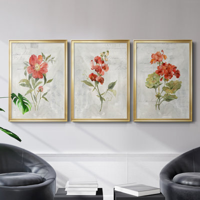 Lin géranium - ensemble de 3 peintures sur toile encadrées