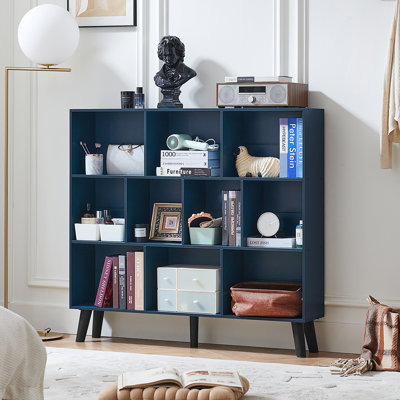 48" Wide 10 Cube Bookshelf, Mid-Century Modern 3-Tier Wood Bookcase with Legs, Rustic Open Storage Organizer for Bedroom, Living Room & Office