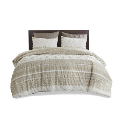 King/ King Cotton Duvet Cover With Chenille - Print, Solid Taupe Reverse, Corner Tie, Button Closure, Machine Washable 3 Piece Tufting, Design,