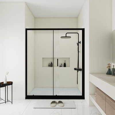 60.In W X 72.In H Single Sliding Shower Door | 1/5 Inch Thick Transparent Tempered Glass | Equipped With Stainless Steel Handle | Minimalist Style | Black