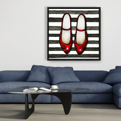 "Chaussures rouges brillantes sur fond rayé" sur toile