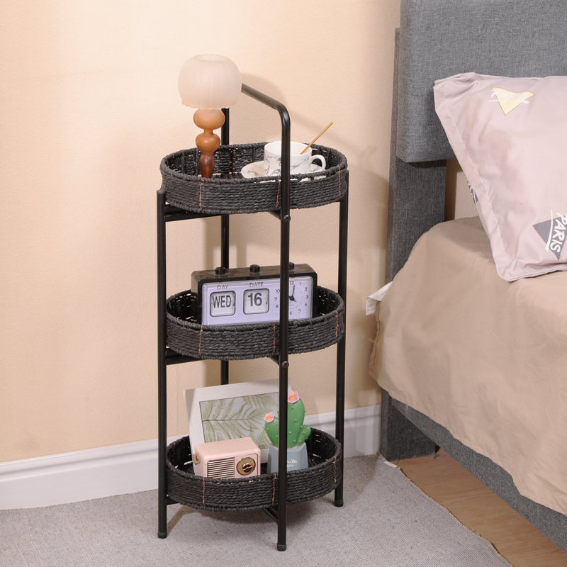  3 Tiers Tray Tables Paper Rope Woven Side Table, Oval Storage Basket Small Shelves (Black), Black