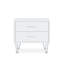 Table en bois blanc avec pattes en métal et caisson à 2 tiroirs, construction en bois.