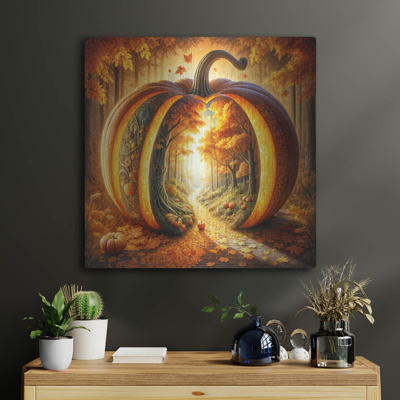 «Fall Landscape Pumpkin 1» par Rey Klimt, art mural en métal, 24 po x 24 po, H 24 po x l 24 po