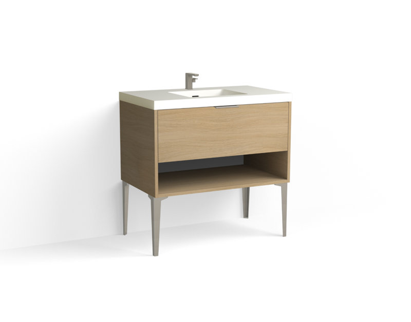 Modo 36" W Freestanding Single Bathroom Vanity with Dean Leg, Glossy White/Single, Biondo, Satin Nickel