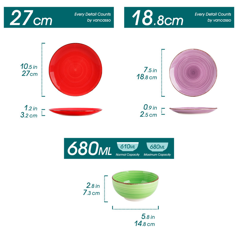 12 Piece Stoneware Dinnerware Set, Service for 4, Purple/Red/Yellow
