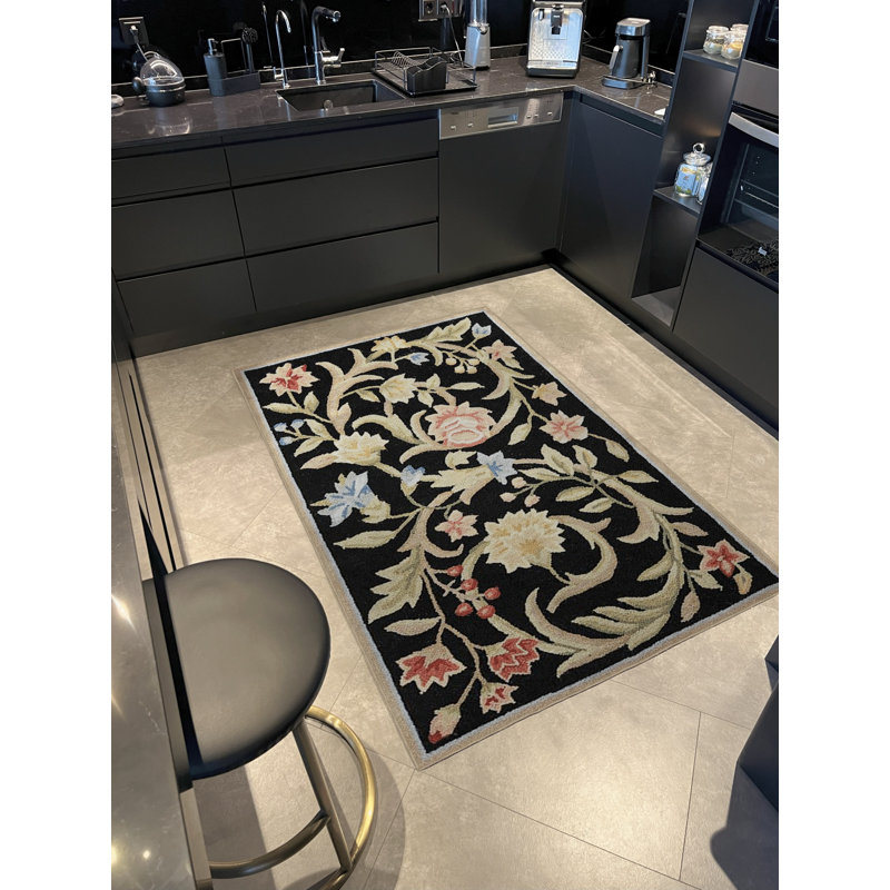 Tapis décoratif moderne multicolore à motif floral rose et noir, Rectangle 3 pi 9,81 po x 4 pi 11,06 po
