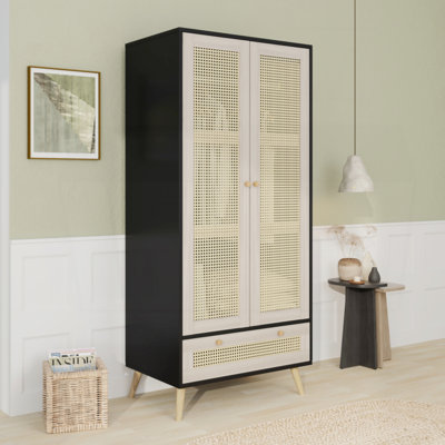 70.8"" Tall Armoire Wardrobe Closet With 2 Rattan Doors & 1 Drawer, Boho Wooden Clothes Storage Cabinet With Hanging Rod For Bedroom -  Corrigan Studio®, B7C8648BCD3B452BB71C7150B1CA5AA1